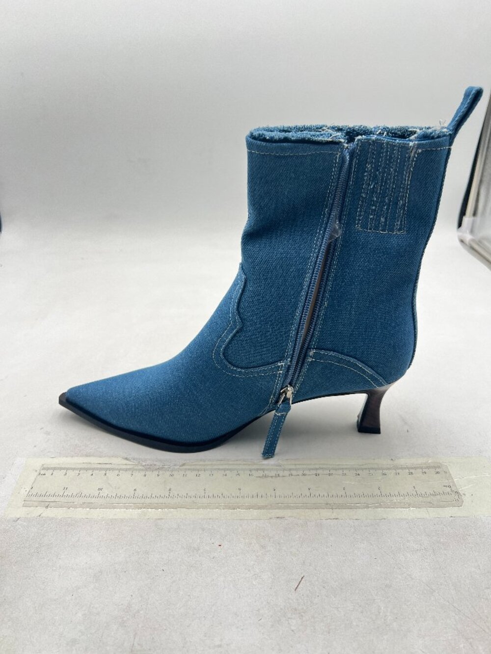 Blue Denim Low Heel Ankle Boots Pointed Toe Zipper Fall Winter Shoes